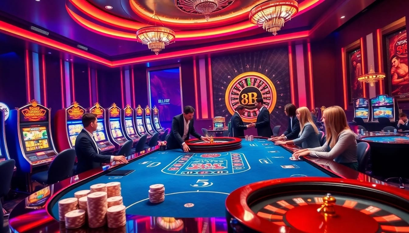 Exciting gameplay at bl555 with vibrant casino tables and slot machines in a luxury setting.