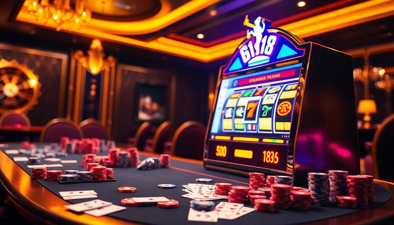 Experience the excitement of Goal123 with vibrant casino visuals showcasing tables, cards, and slot machines.