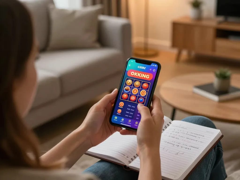 Player enjoying the OKKING app on a smartphone while relaxed at home, showcasing engaging gaming experience