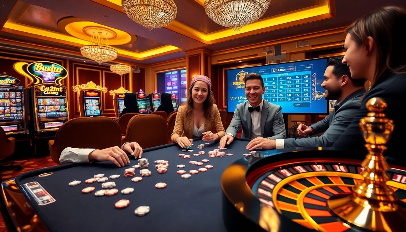 E2bet online gambling scene featuring players at a digital casino table with poker chips and slot machines.