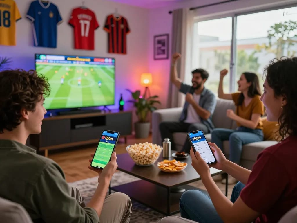 Friends enjoying an exciting moment while using the 1gom betting app during a live football match.