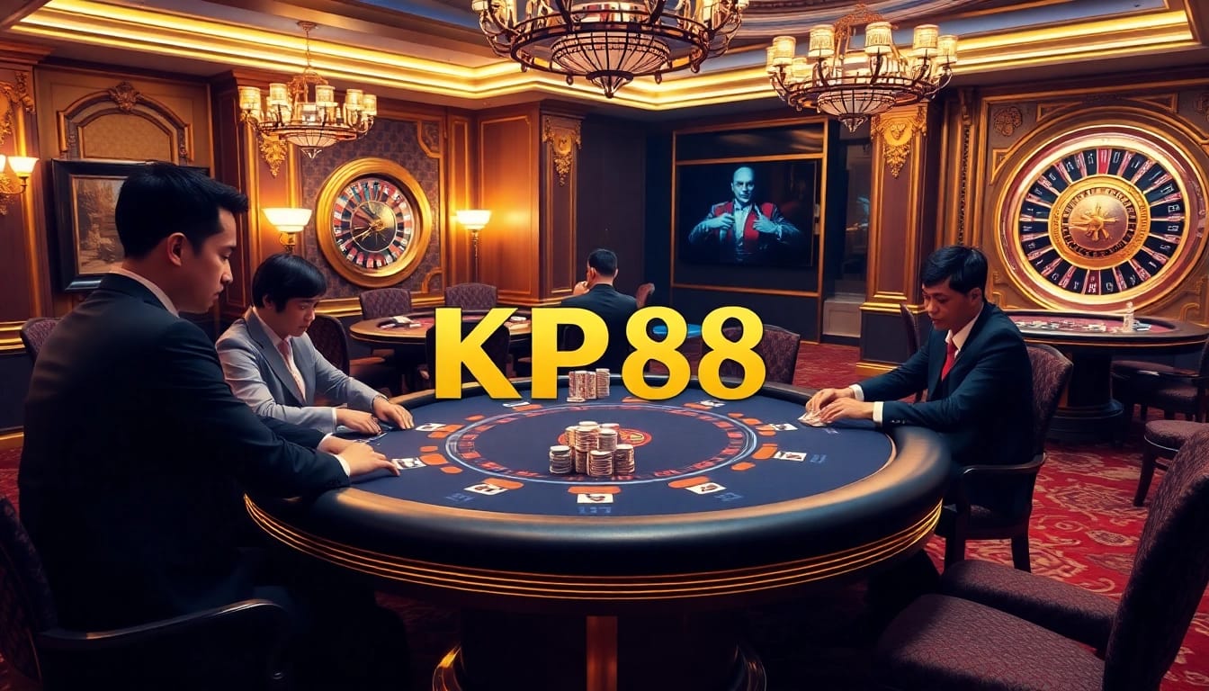 Engage in thrilling poker at KP88's luxurious casino, showcasing professional players and high-stakes excitement.