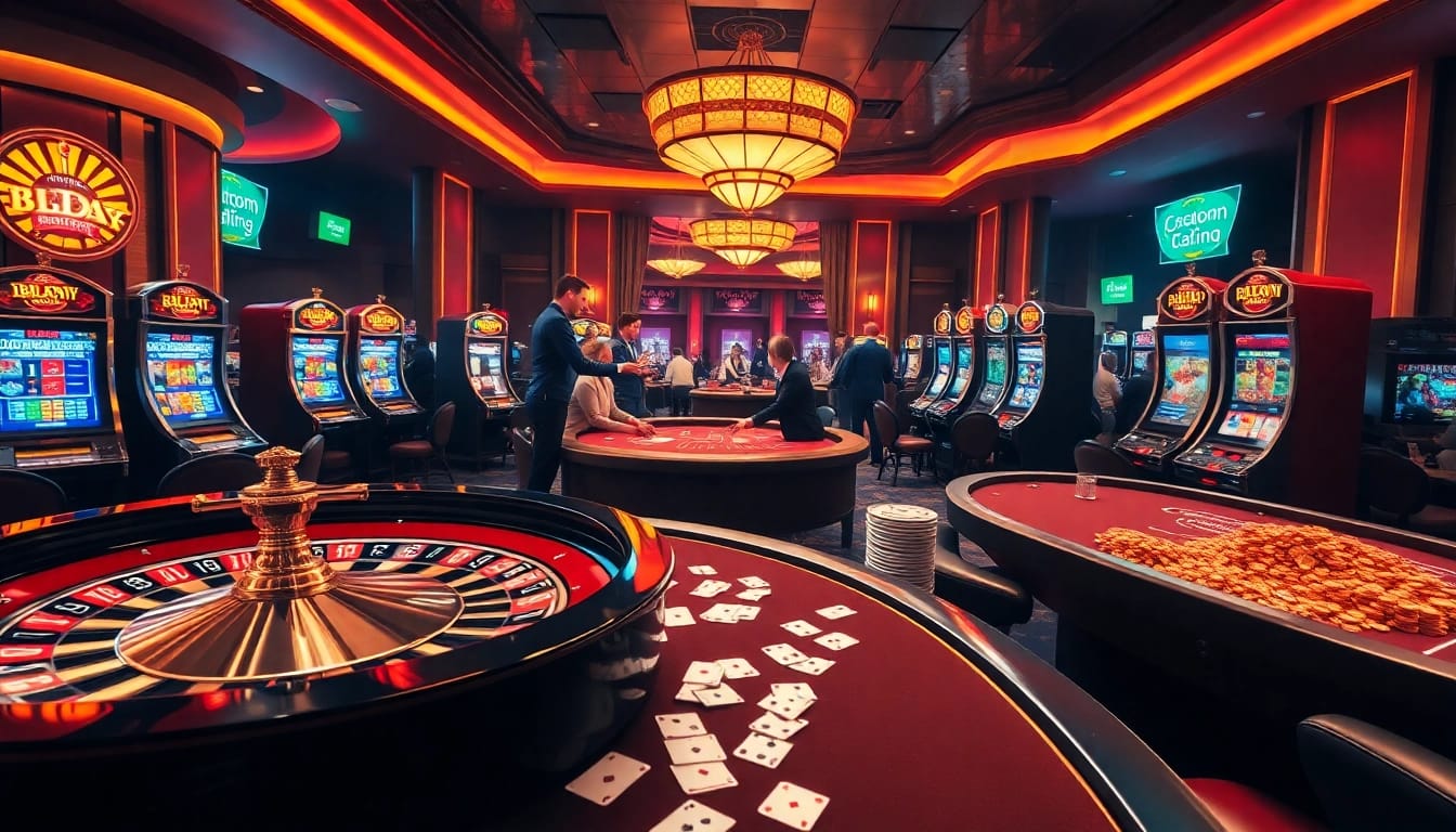 8day casino scene with poker players and a colorful roulette wheel, encapsulating the excitement of gambling.