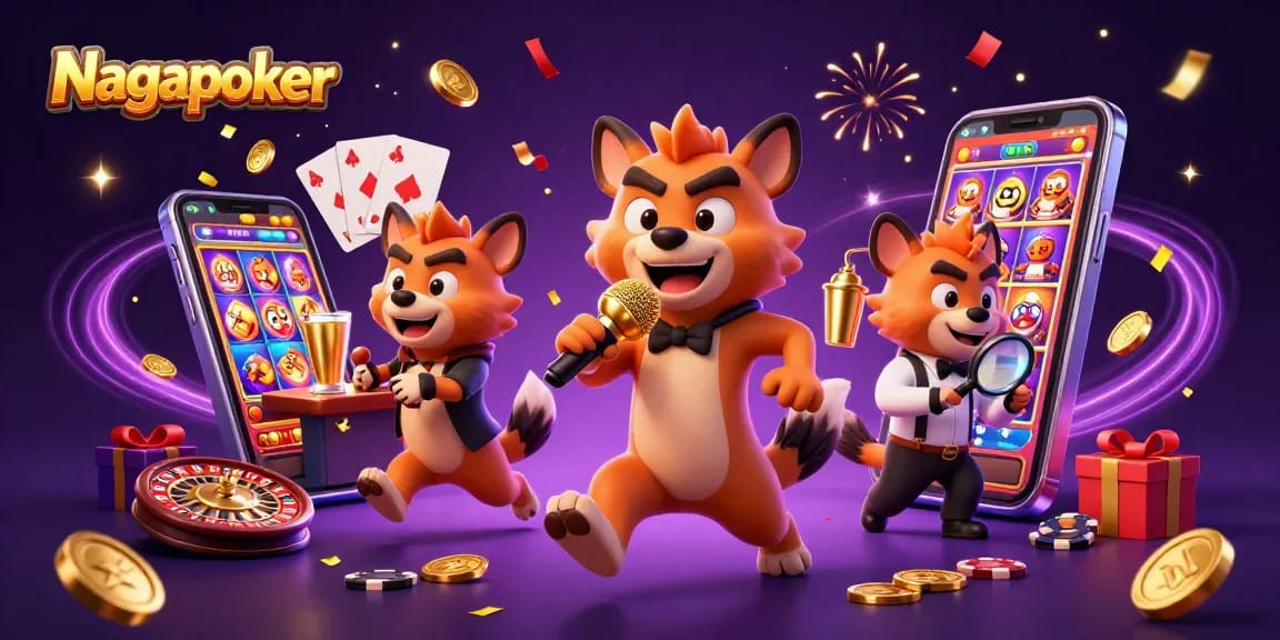 Nagapoker hyena casino scene featuring a dynamic stand-up comedian, bartender, and bouncer amidst vibrant gaming elements.