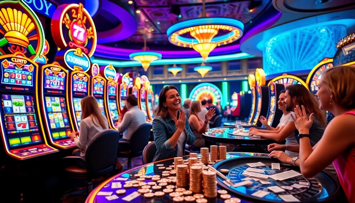Players enjoying the excitement of slot777 machines in a vibrant casino atmosphere.