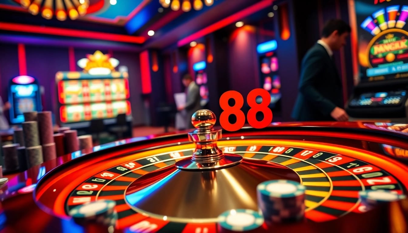 Exciting gamblers engaging with Go88 on a roulette table surrounded by vibrant casino elements
