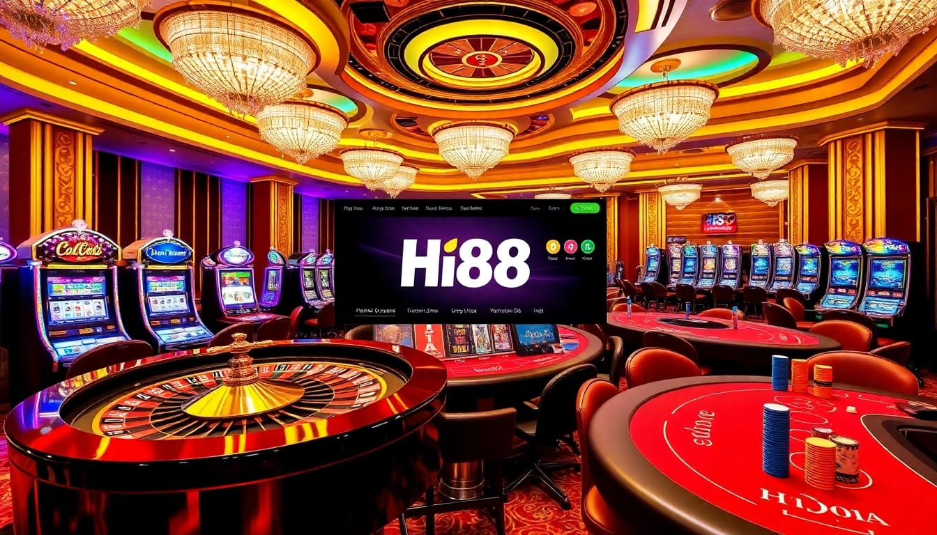 Hi88 casino tables and vibrant slots create an exciting gambling atmosphere.
