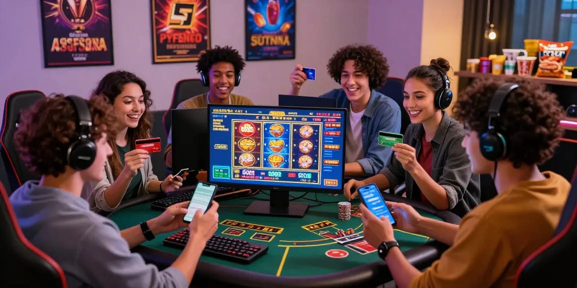 Group of friends enjoying credit card casino games at https://ecpc.org.uk with vibrant graphics and modern gaming setup.