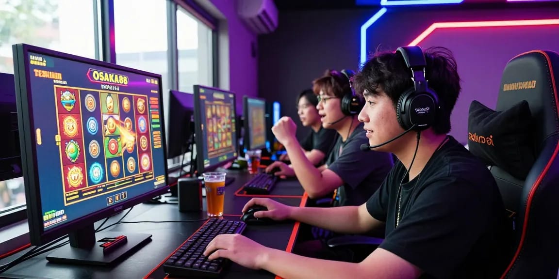 Exciting gaming scene featuring players engaging with OSAKA88 slot, showcasing vibrant atmosphere and gaming gear.