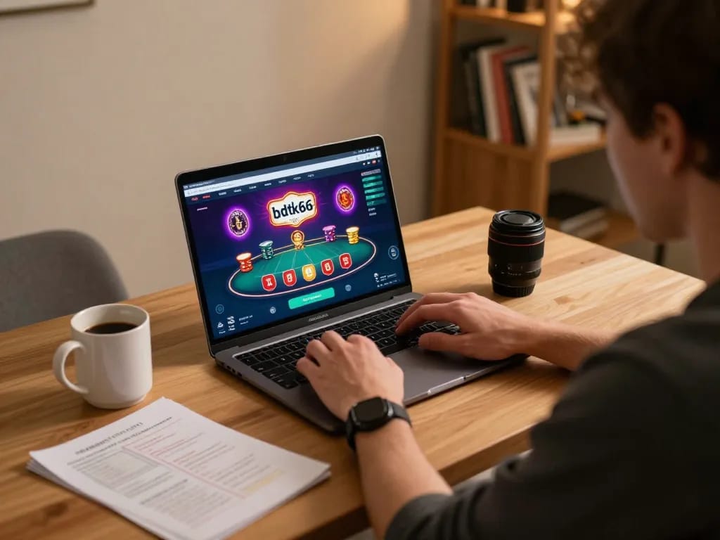 Player enjoying the bdtk66 casino app on laptop with poker interface and strategy notes.