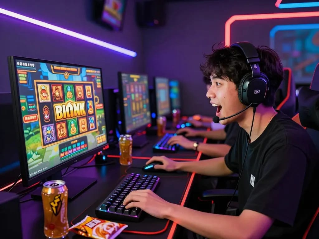 Young gamer enjoying a thrilling session with 88pulsa slots, showcasing an exciting online gaming atmosphere with vibrant visuals.