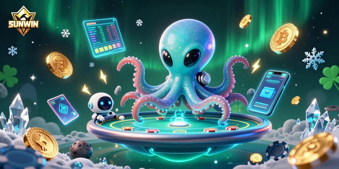 SUNWIN offers a vibrant and exciting game experience featuring a cartoon alien octopus at a holographic poker table.