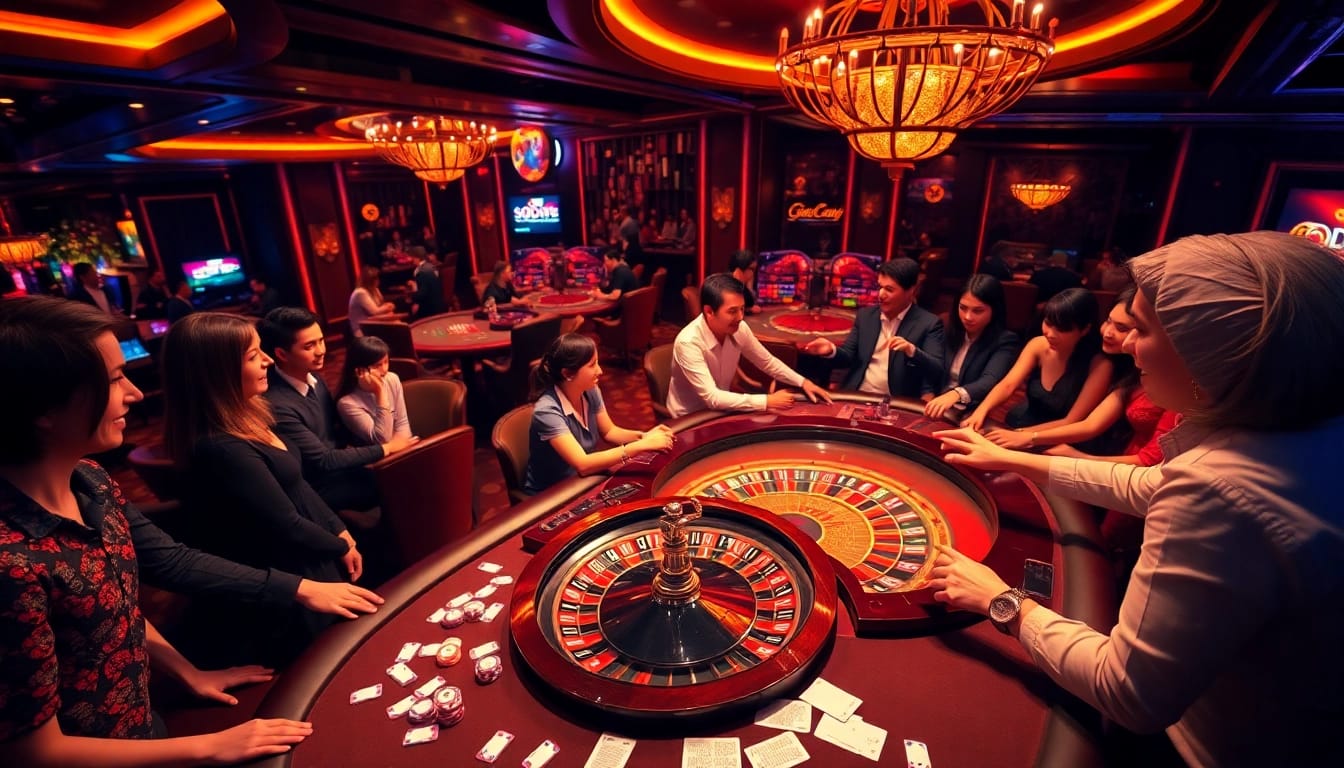 Experience the thrill of SODO Casino with vibrant gaming tables and excited players.