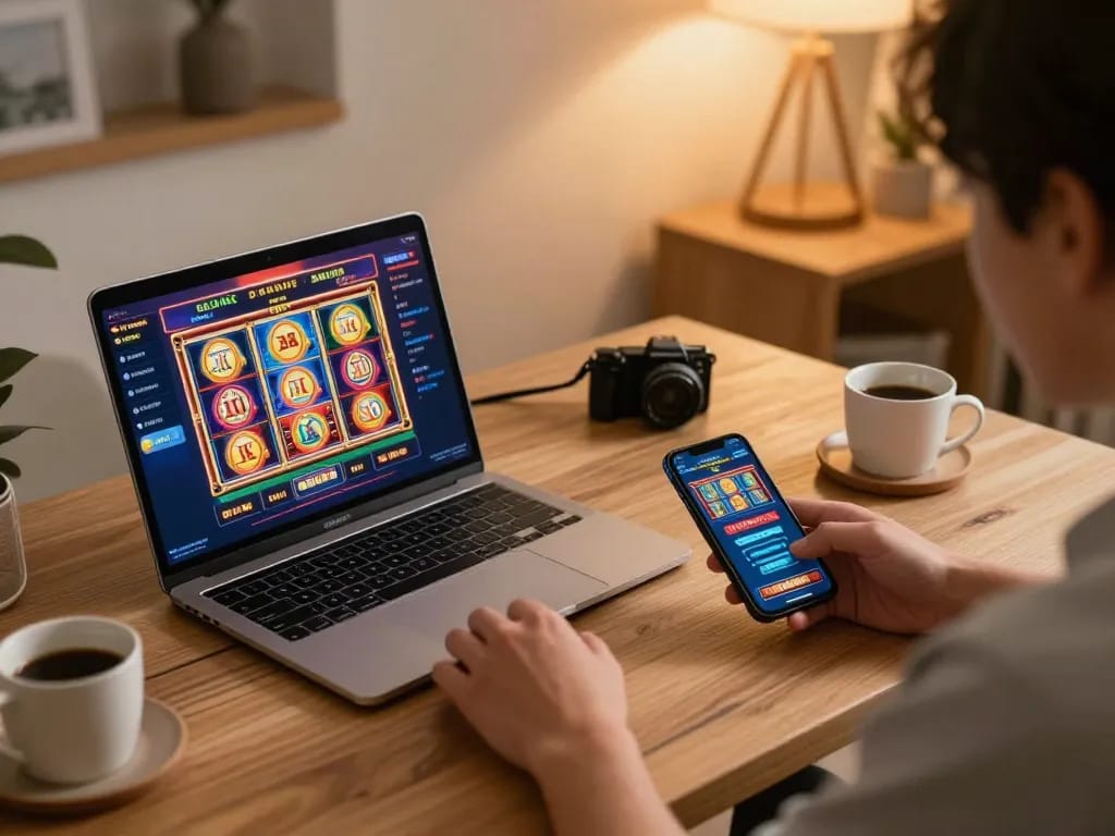 Engaging in exciting online casino gaming at https://go8.dad/ with vibrant slot interface visible on laptop.