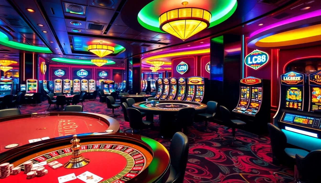 Experience the excitement of lc88.zip with vibrant casino scenes showcasing poker games and slot machines.
