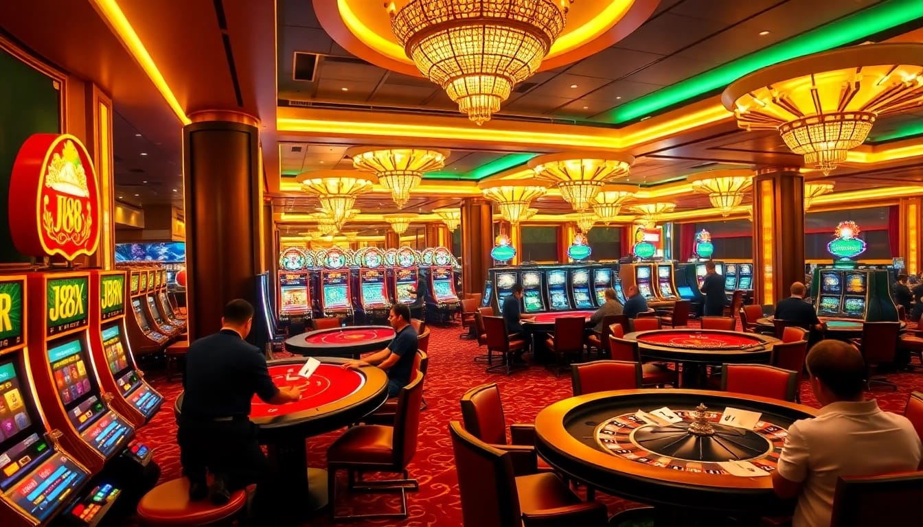 Experience the thrill of gambling at J88 with players enjoying a vibrant casino atmosphere complete with poker and slot games.