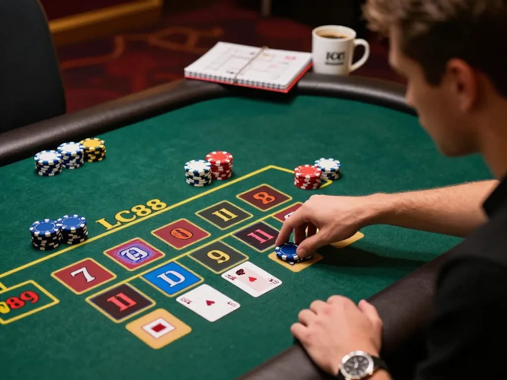 Player strategizing their bet at the LC88 online casino blackjack table, showcasing responsible gambling.