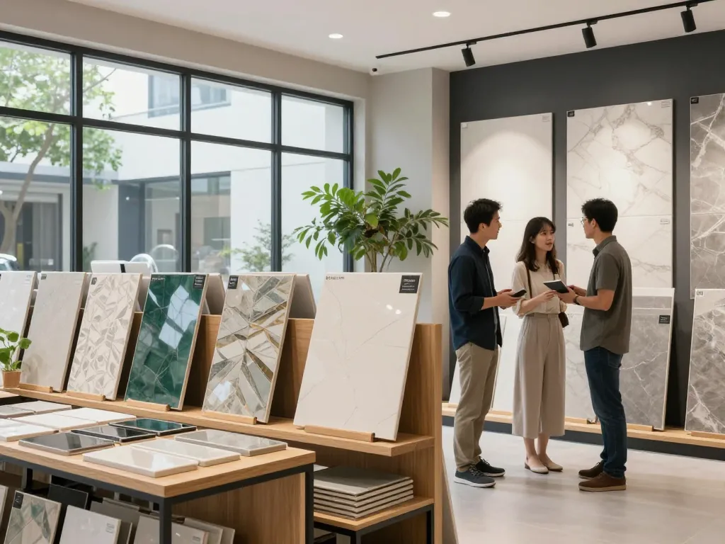 Showcasing Sunvin tiles in a modern showroom with elegant displays and natural light.