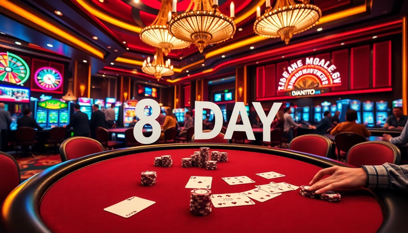 Experience the thrill of winning at 8DAY's luxurious casino, featuring poker, roulette, and lively players.