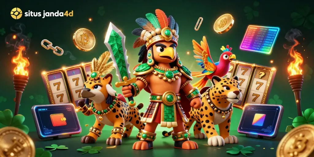 Gambarkan situs janda4d dengan petarung Aztec, simbol slot, dan koin kripto bersinar