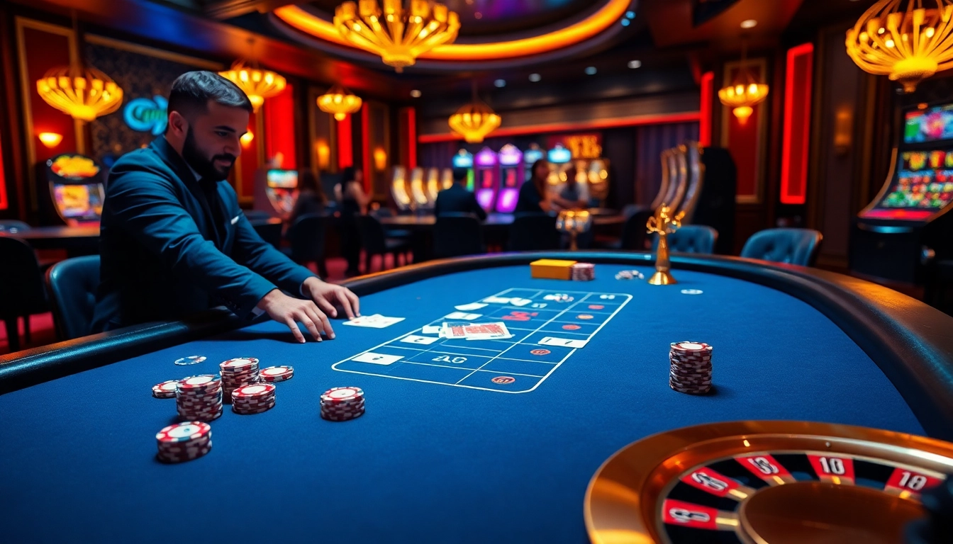 Engage in a thrilling poker game at SHBET’s luxurious casino, showcasing vibrant tables and colorful chips.