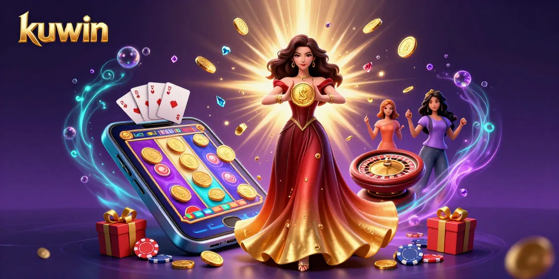 Kuwin online gaming scene with a stunning Asian woman and vibrant casino elements.