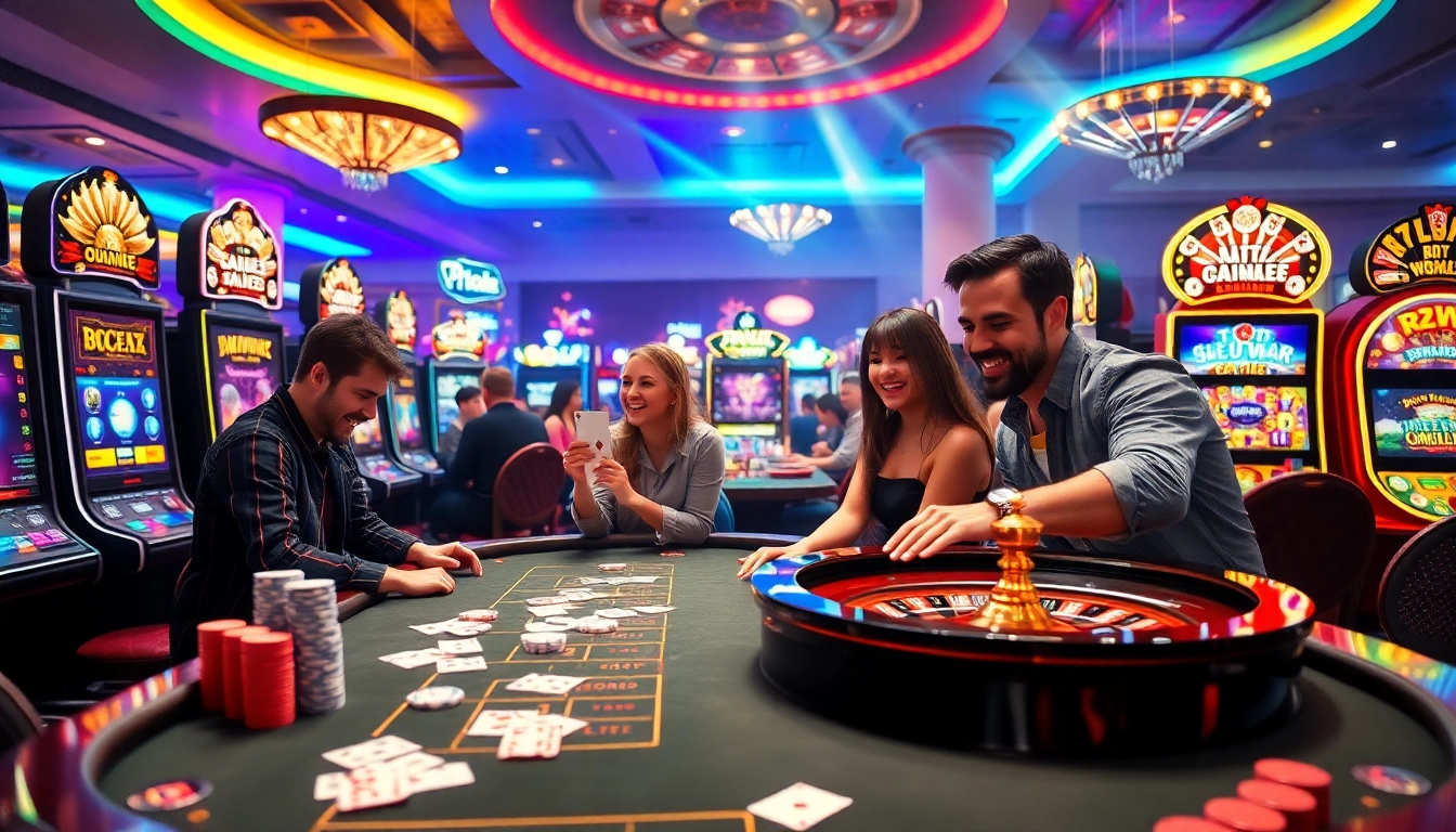 Players enjoying a thrilling game on Rikvip's online casino, surrounded by vibrant slot machines and betting cards.
