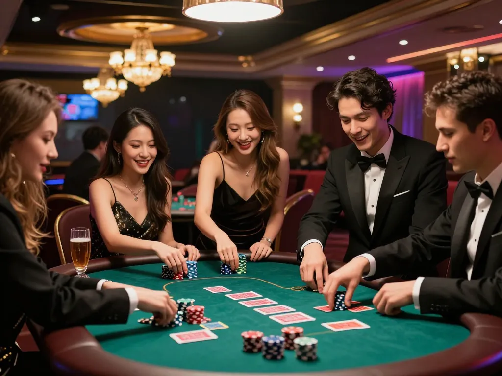 Friends enjoying an exciting poker game at the five88 casino, surrounded by vibrant atmosphere and stylish decor.