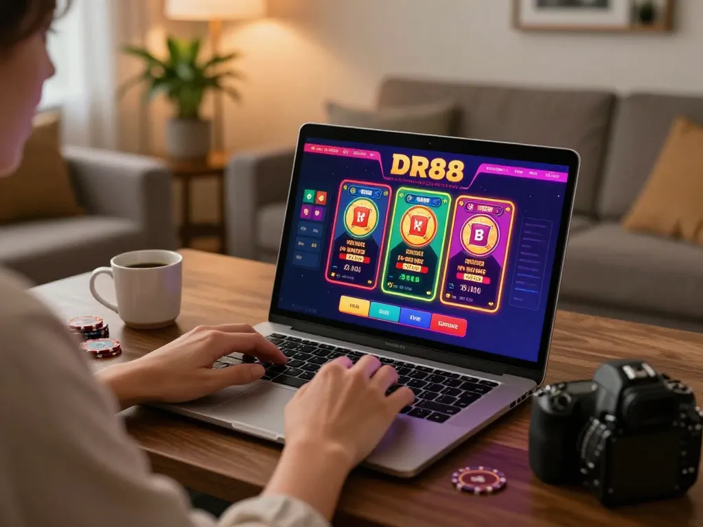 Player engaging with DR88 online gaming platform in cozy home setting
