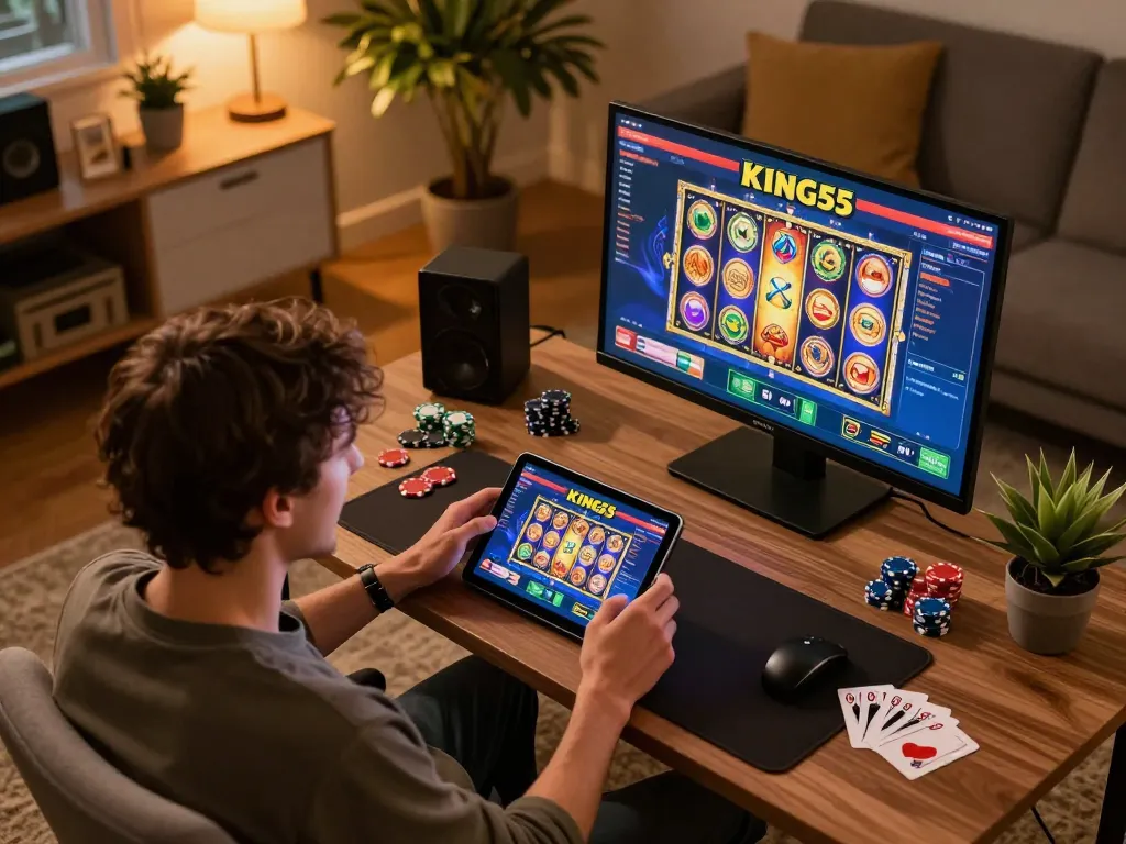 Berinteraksi dengan aplikasi kasino KING55 di tablet dalam pengaturan permainan rumah yang nyaman, menunjukkan kegembiraan dan kesenangan.