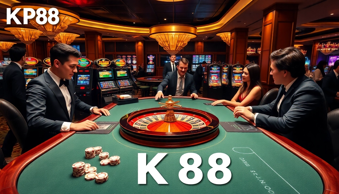 Exciting casino scene with KP88 gaming table and vibrant roulette wheel.