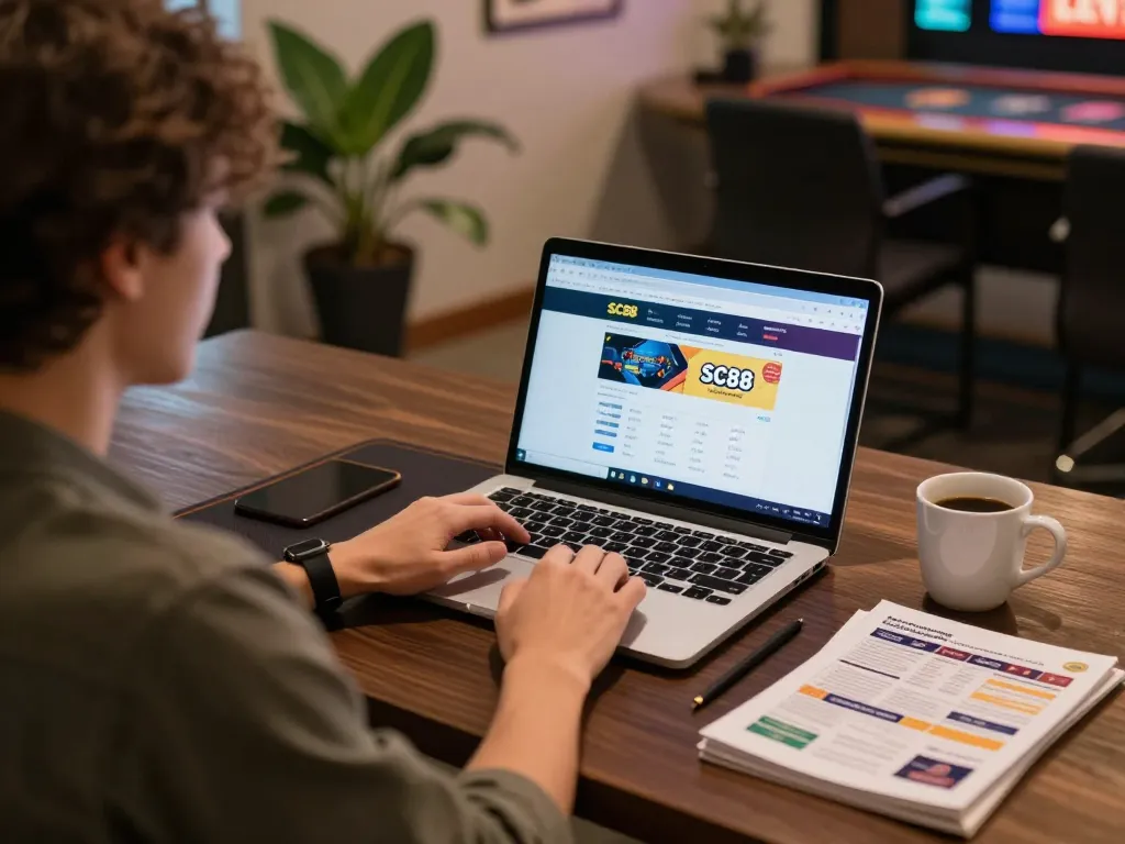 Engaging gameplay on SC88 platform, person using laptop for online casino betting.