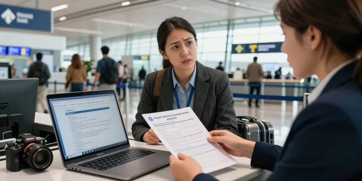 Seyahat öncesi hukuki kontrol hakkında bilgi alan bir yolcu, havaalanı check-in sürecinde legal danışmanla görüşme yapıyor.