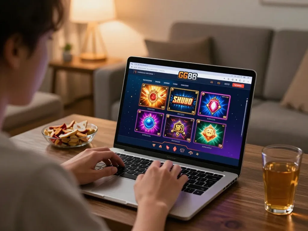 Engaging in online casino gaming with GG88, focused on laptop interface in cozy home setting.