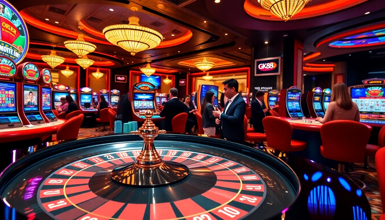 Online gambling action at https://gk88live.it.com/, showcasing vibrant casino life with roulette and poker games.