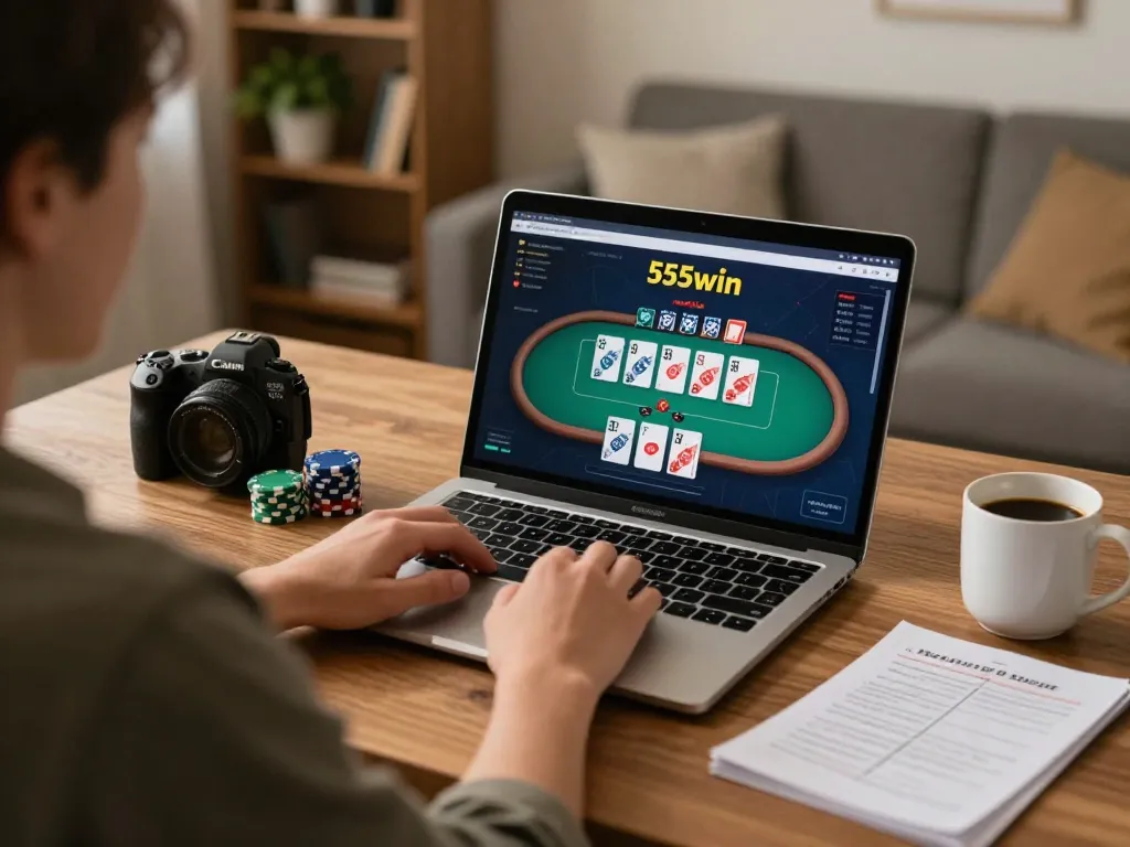 Engaging at-home poker gameplay on 555win with strategy notes nearby and a cozy atmosphere.