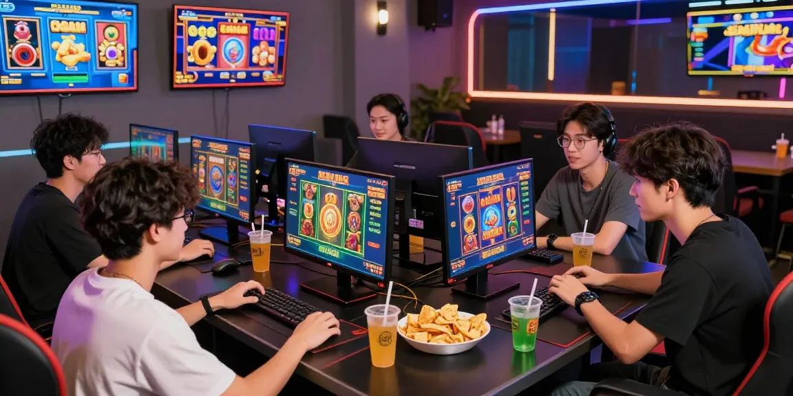 Group of friends excitedly engaging with bonus buy slots in a modern gaming lounge, showcasing vibrant slot graphics and a lively atmosphere.