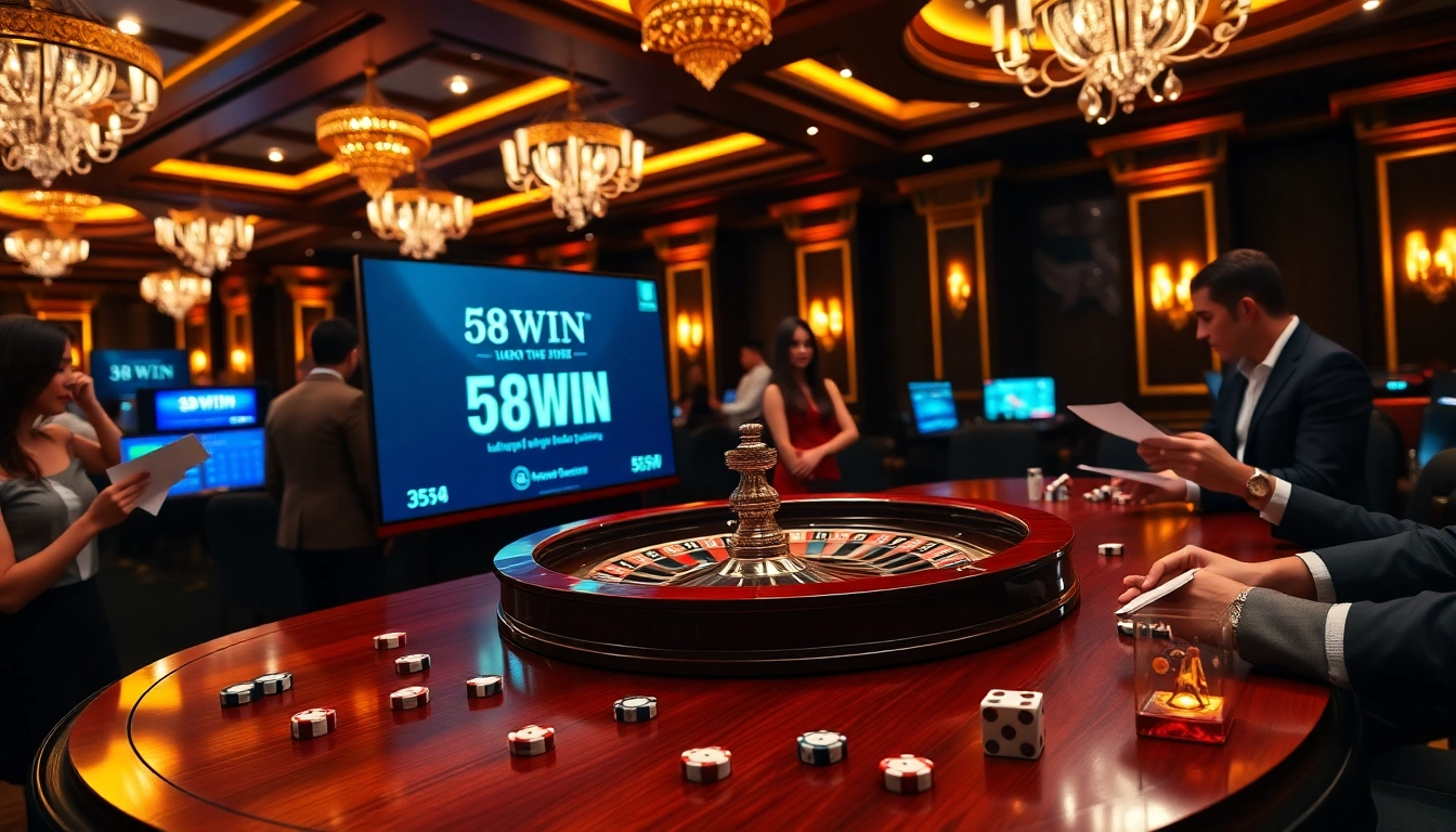 Experience the thrill of gaming at 58WIN with a vibrant casino scene featuring roulette and poker.