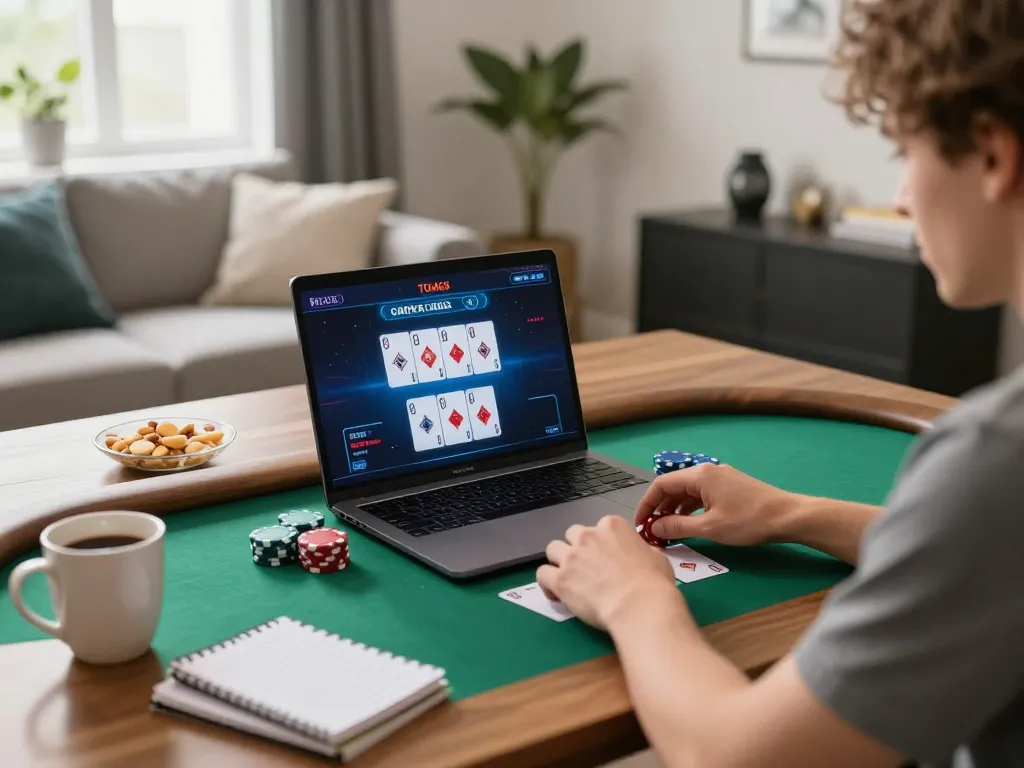 Tg88 player maximizing poker strategies at home with tablet in cozy setup
