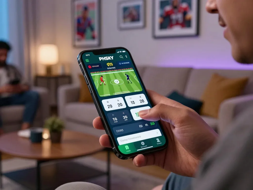 PHSKY app interface showcased on a smartphone, capturing live sports betting excitement in a cozy home setting.