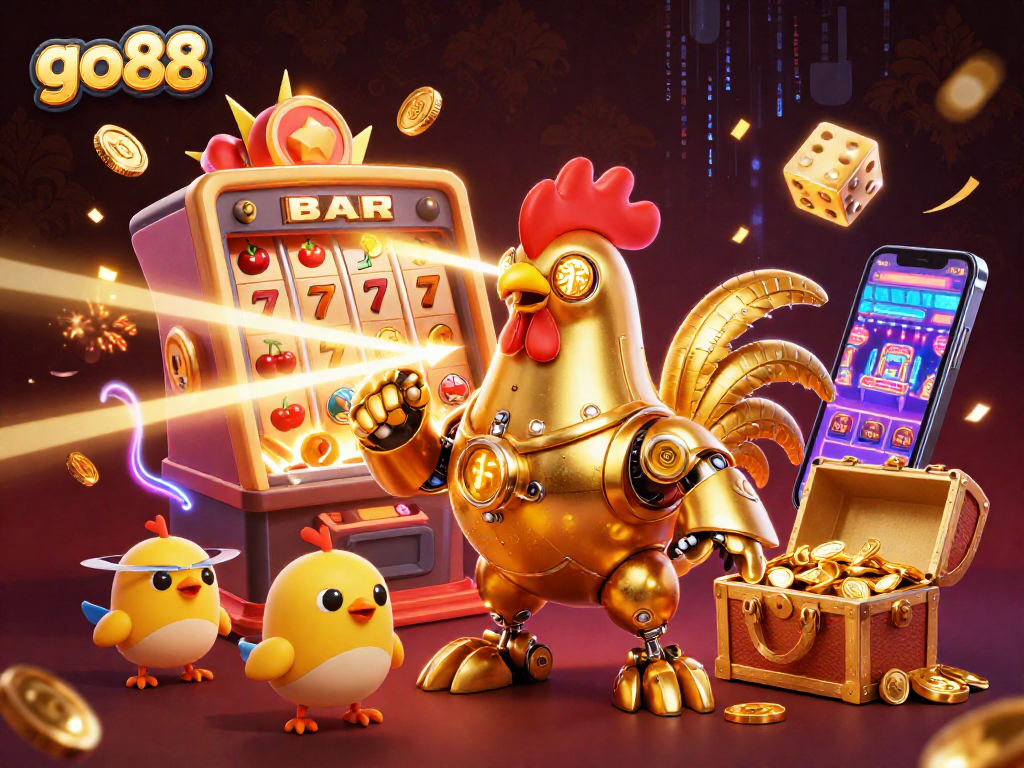 Experience the thrill of go88 with a vibrant scene featuring a golden rooster robot and dynamic casino elements.