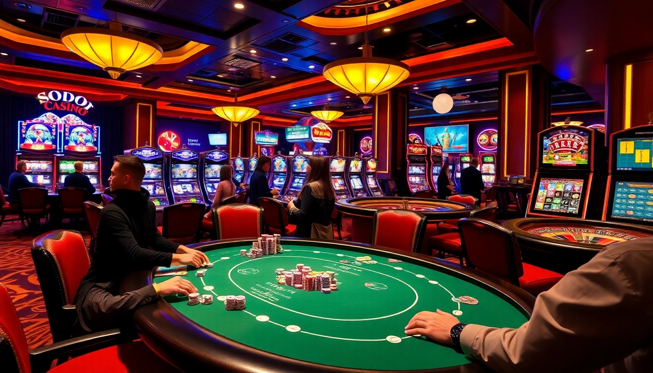 SODO CASINO features an elegant poker table with high-stakes action and vibrant slot machines.