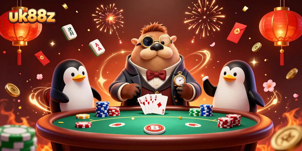 Engage in ultimate poker strategy with uk88z as walrus, penguin dealer, and pufferfish bluff!