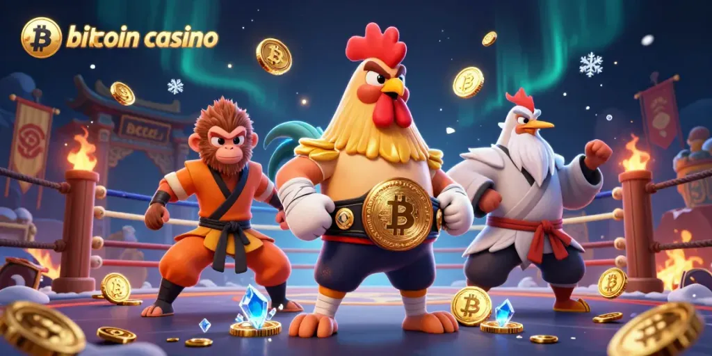Experience the excitement at a bitcoin casino with a vibrant 3D illustration of dynamic characters and cryptocurrency elements.