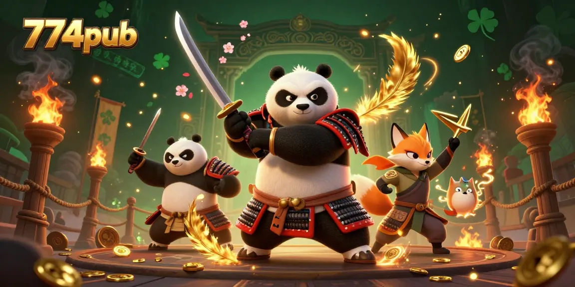 Experience thrilling action at 774pub with a vibrant samurai panda and dynamic gaming elements.