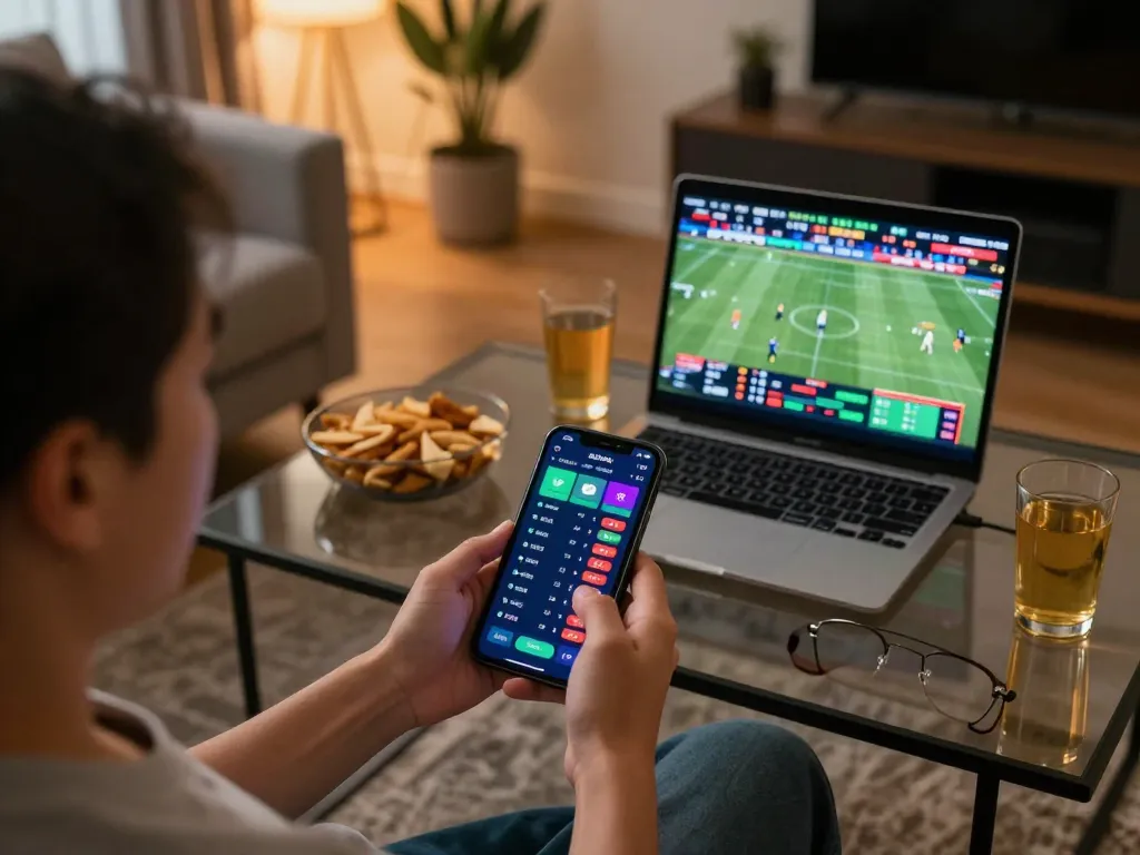 Person passionately using smartphone for online sports betting on 68win in modern living room.