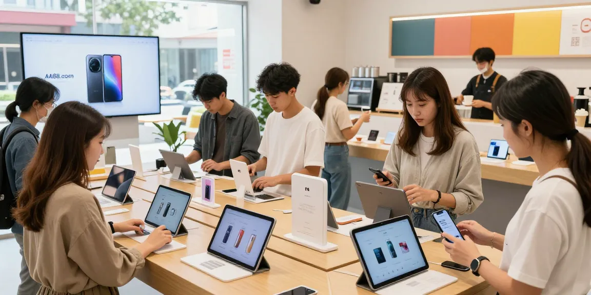 Engaging e-commerce shopping experience at AA88.com retail store with interactive displays and diverse customers.