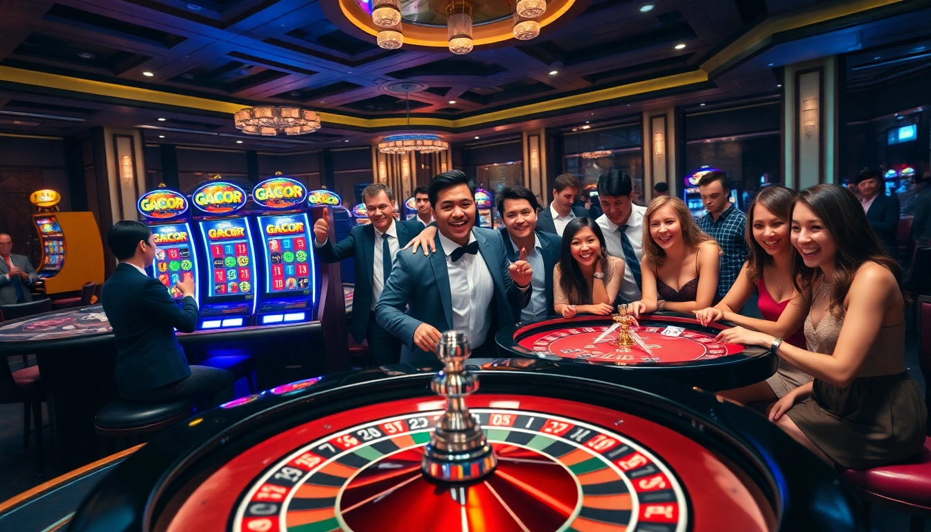 Experience the thrill of Slot Gacor with vibrant slot machines and excited players in an upscale casino setting.