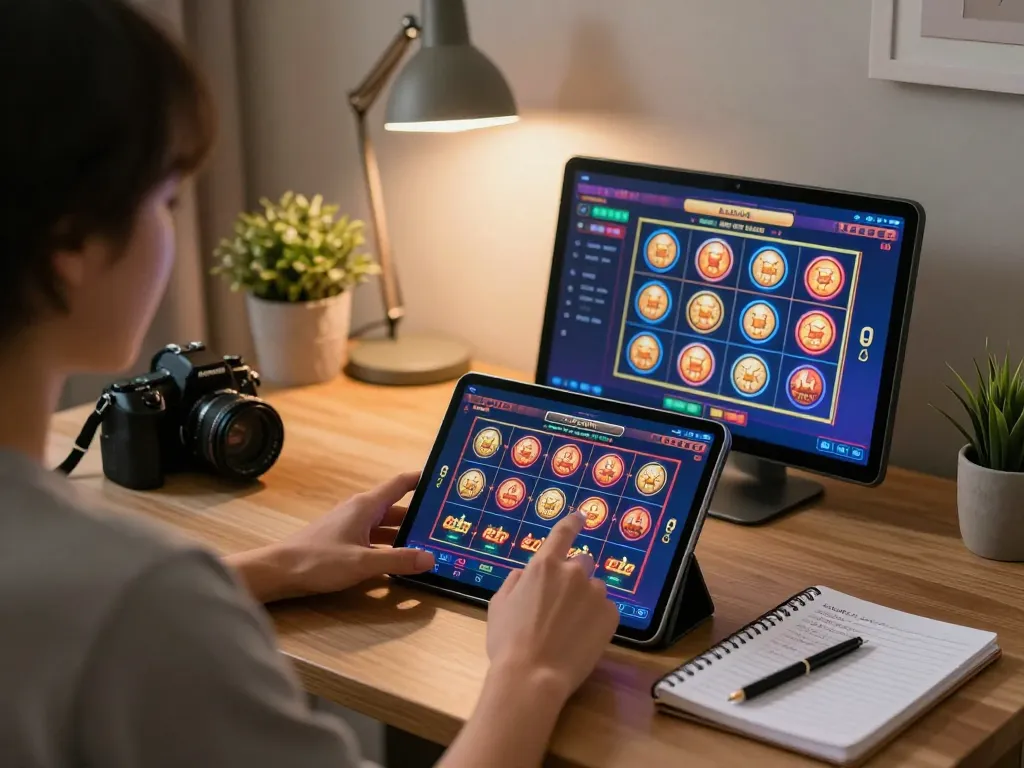 Engaging online gaming scene at https://mk8th.net/ with player using tablet for slots in cozy home