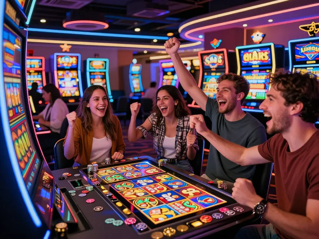 Friends celebrating a big win at Lucky 88 slot machine in a vibrant casino atmosphere.